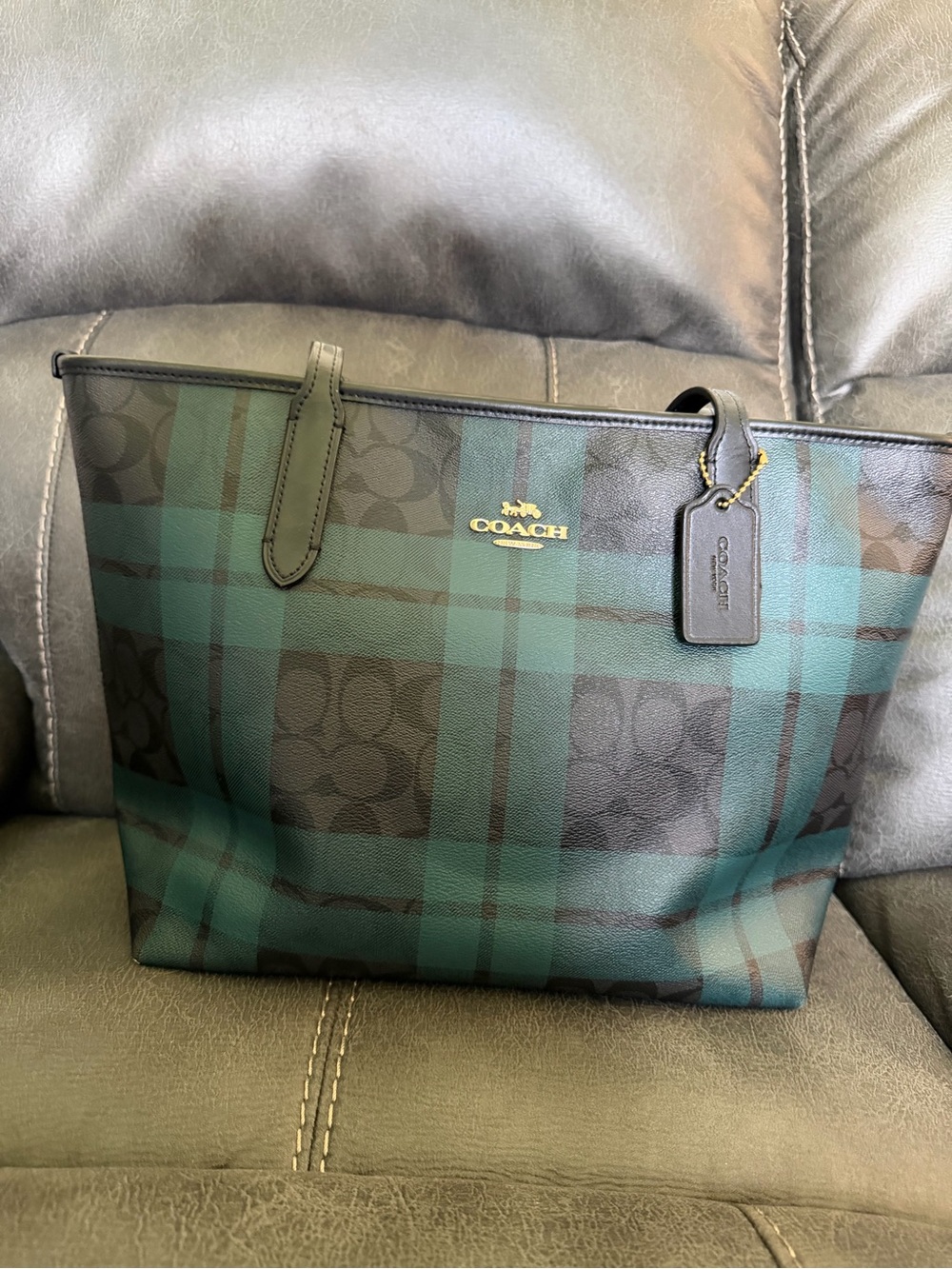 Coach Green and Black Plaid Signature Tote